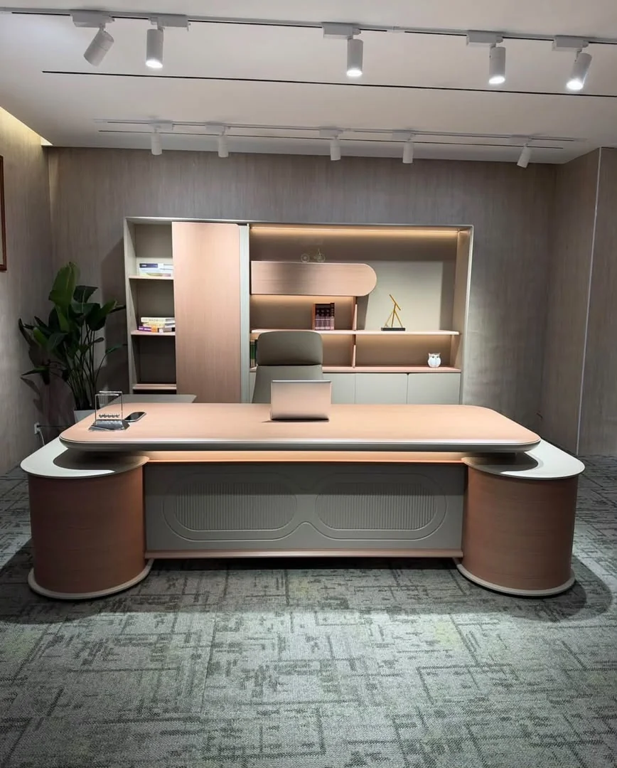 Leather office armchair beside a timber desk in a home study
