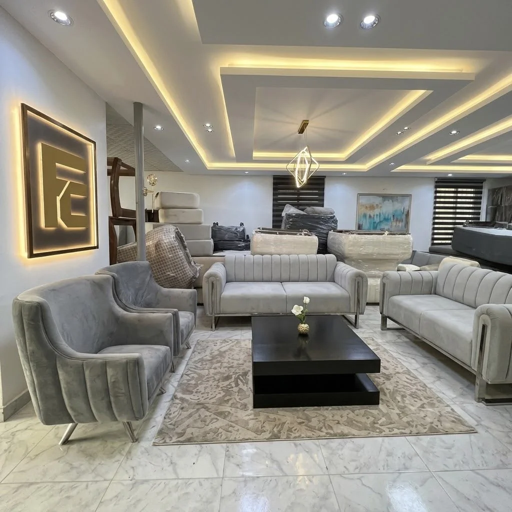 Furniture City showroom floor with sofas and dining sets on display