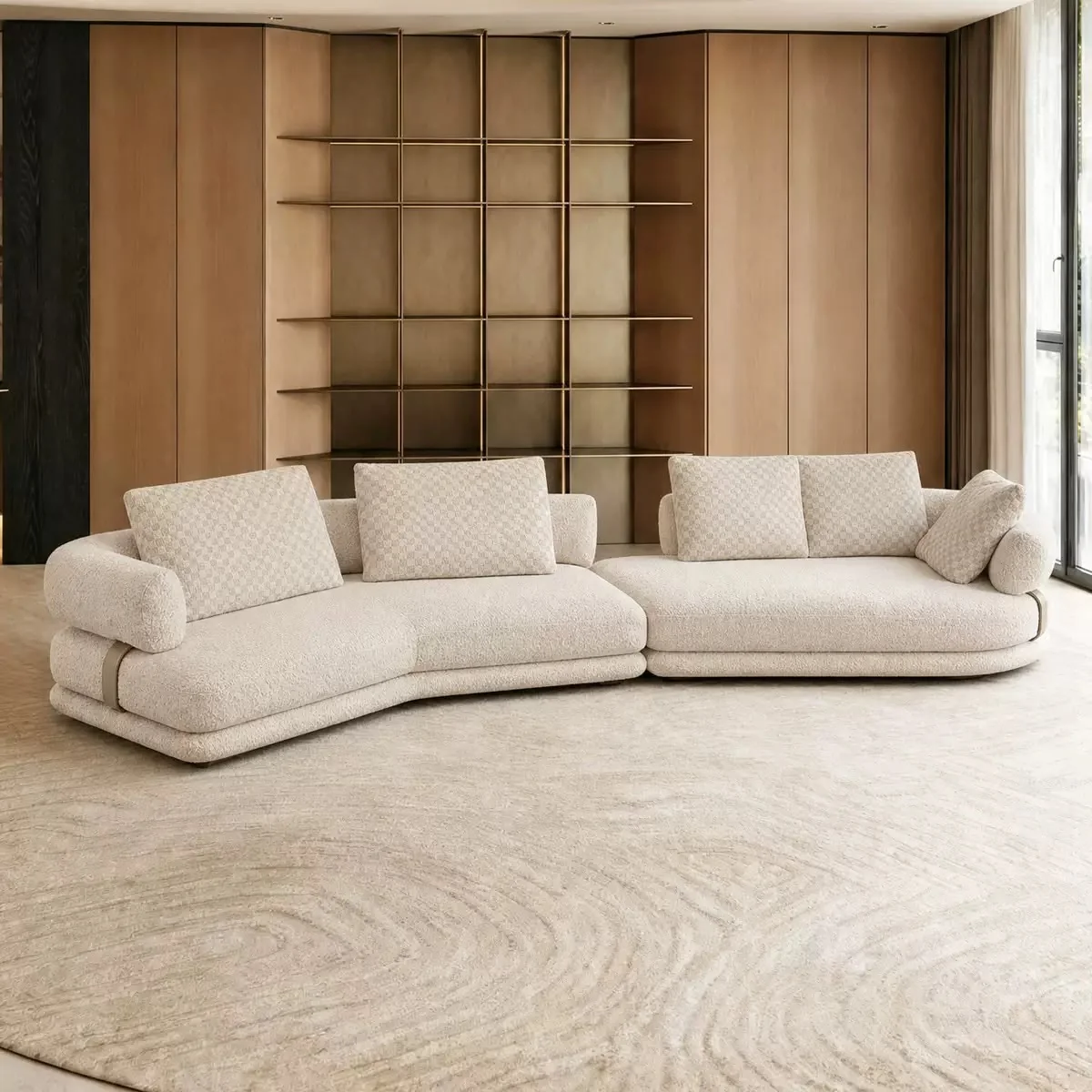 Three-seater fabric sofa in a bright modern living room