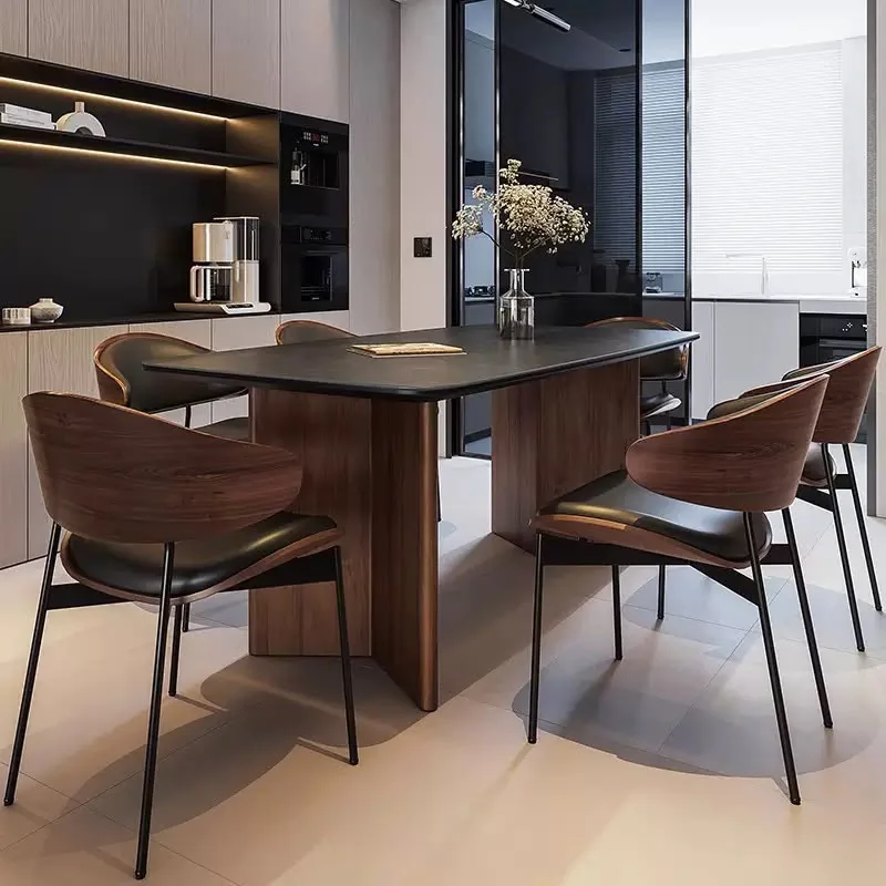 Six-seater wooden dining table set with upholstered chairs